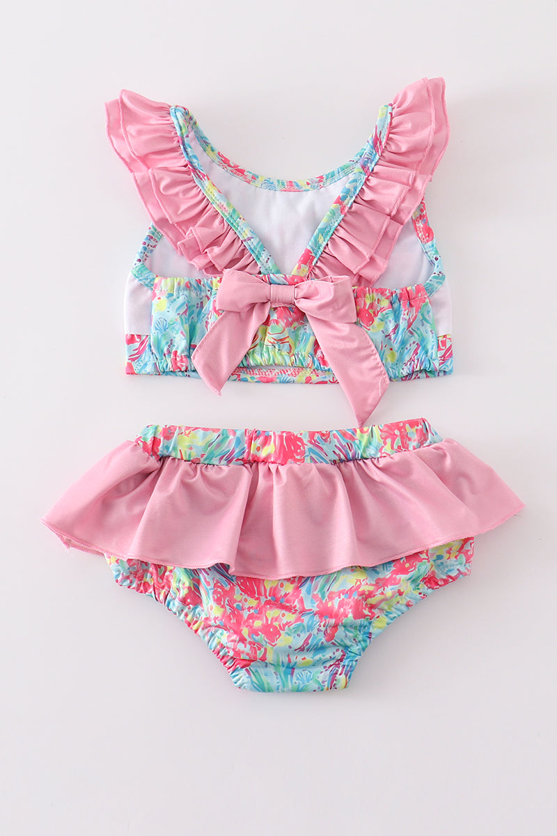 Pink character applique floral print ruffle 2pc girl swimsuit