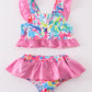 Pink floral print smocked 2pc girl ruffle swimsuit