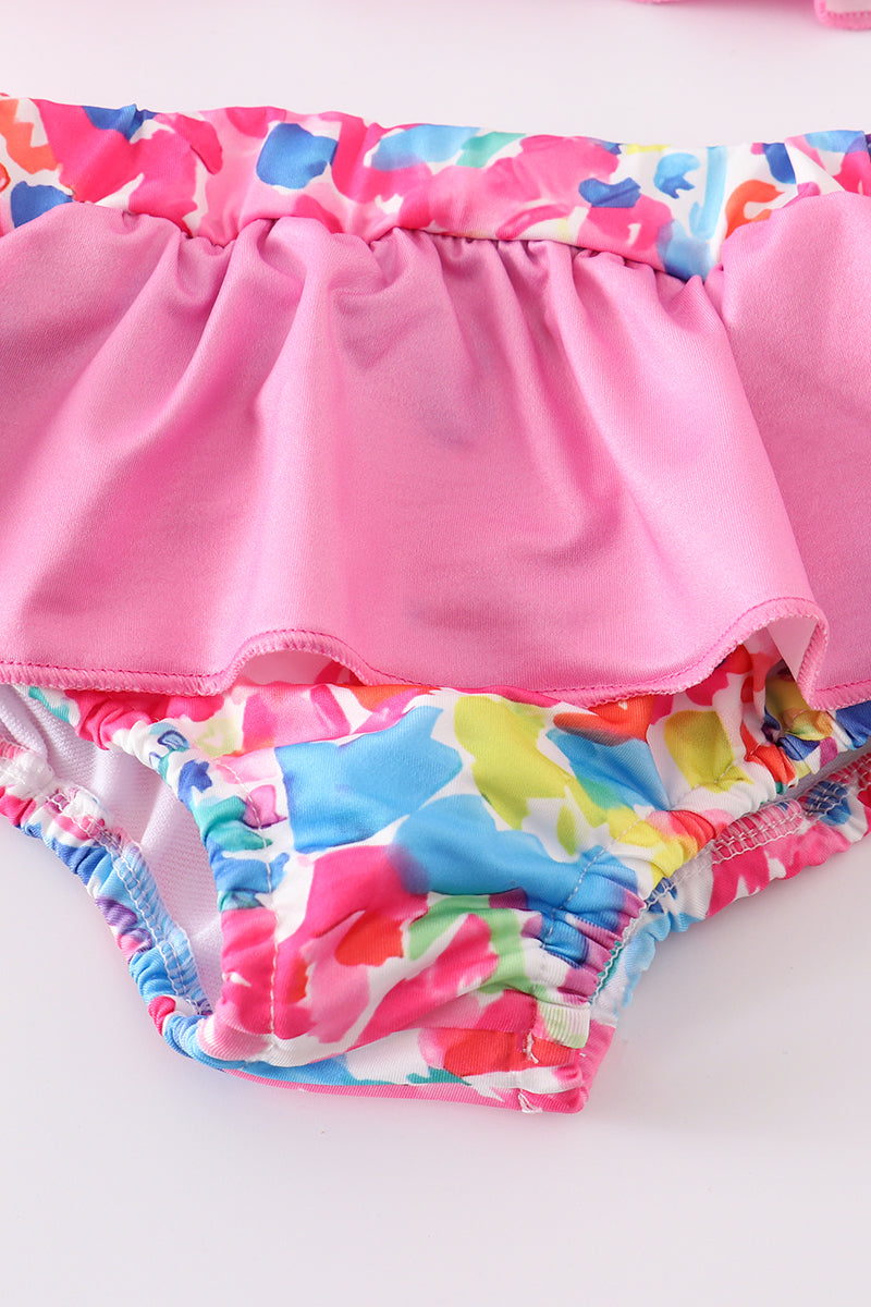 Pink floral print smocked 2pc girl ruffle swimsuit