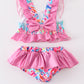 Pink floral print smocked 2pc girl ruffle swimsuit