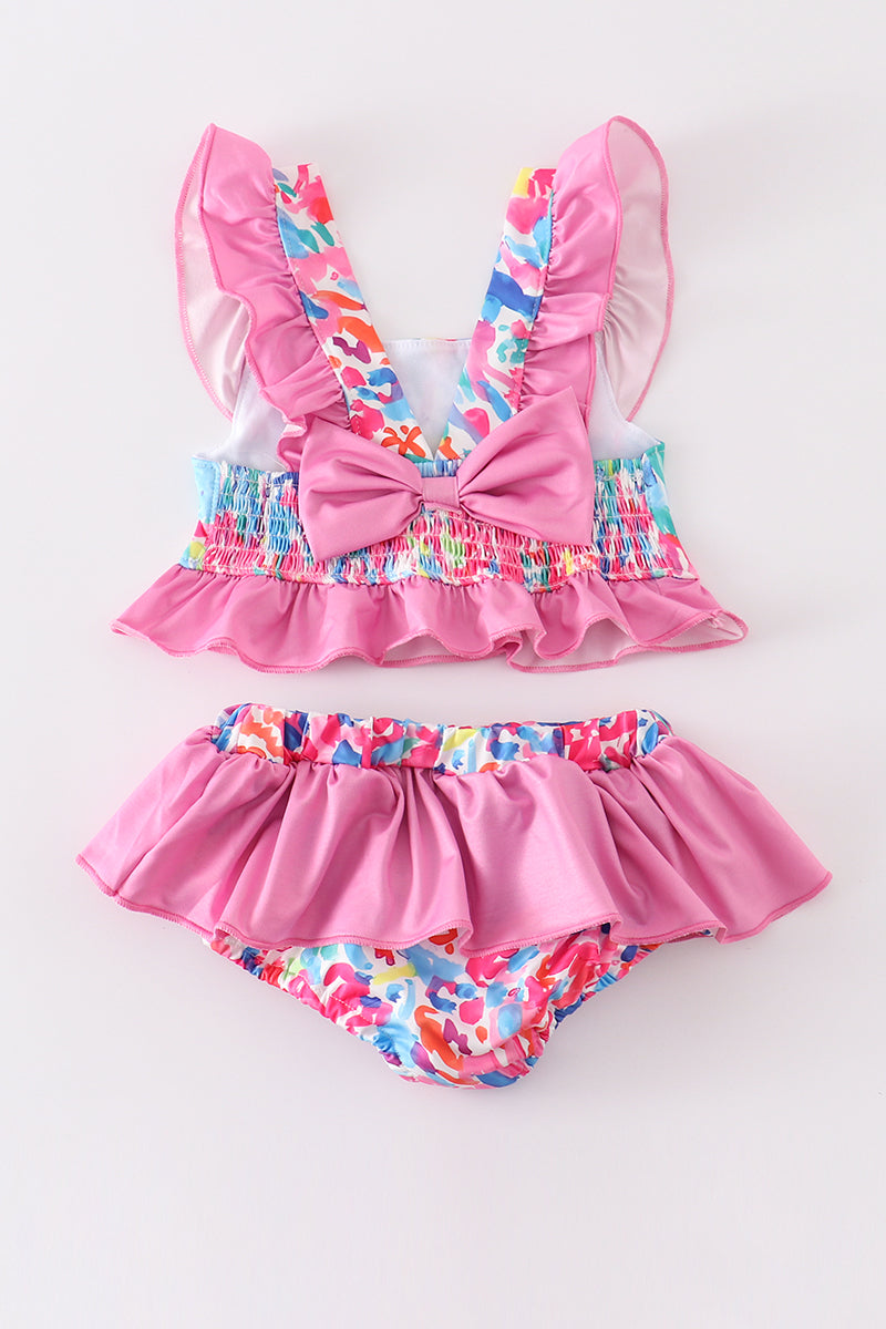 Pink floral print smocked 2pc girl ruffle swimsuit