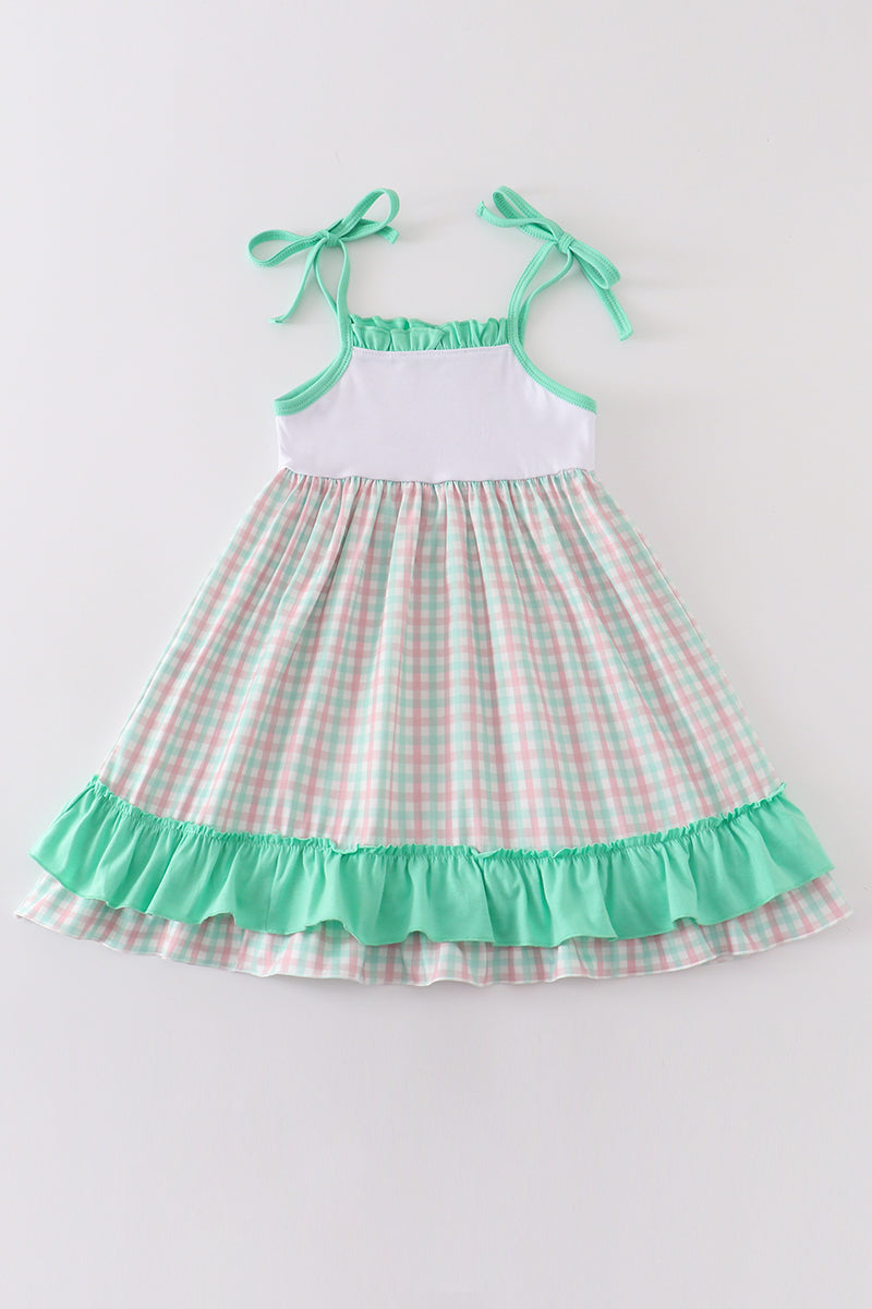 Green character applique plaid ruffle dress