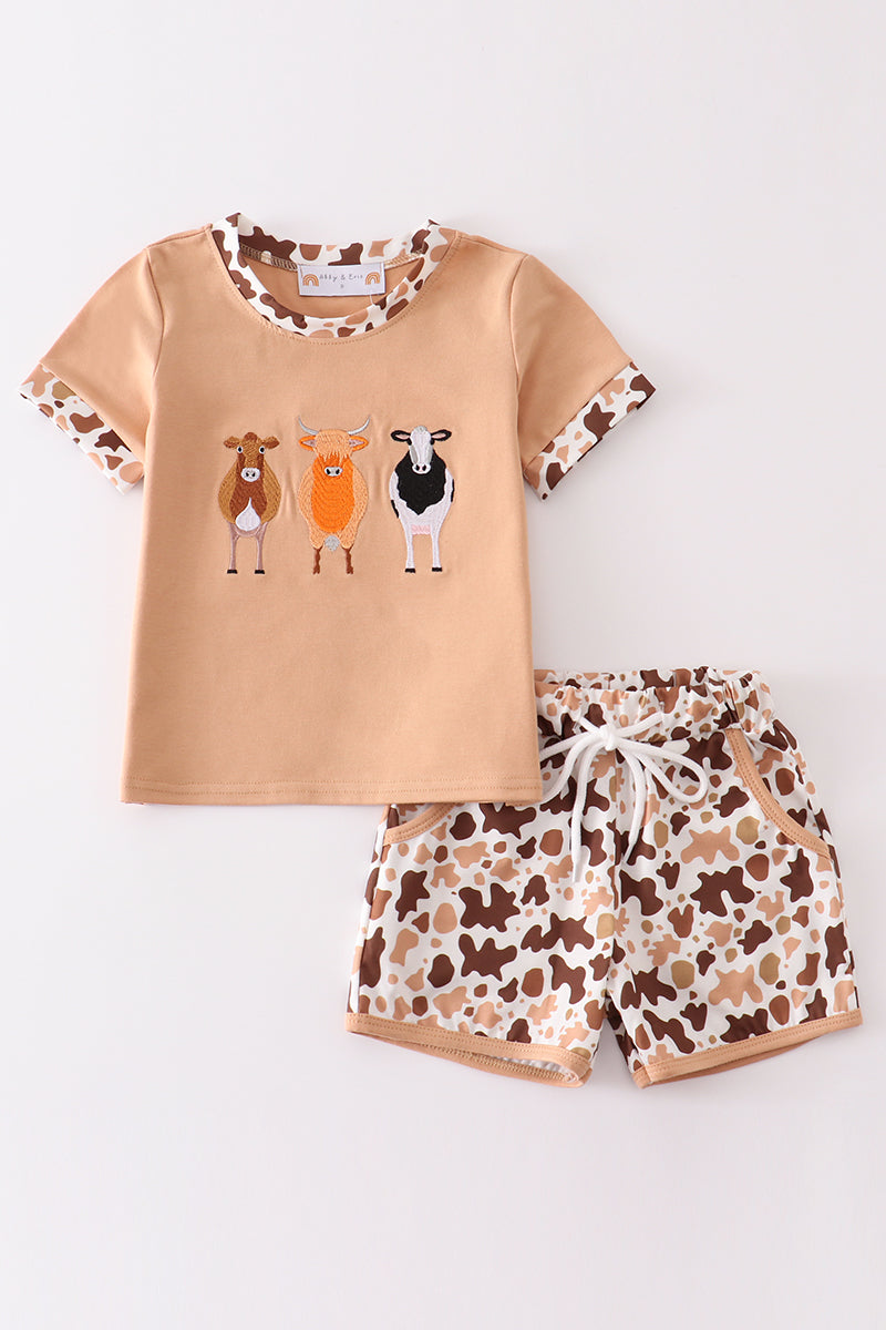 Brown cow embroidery boy set