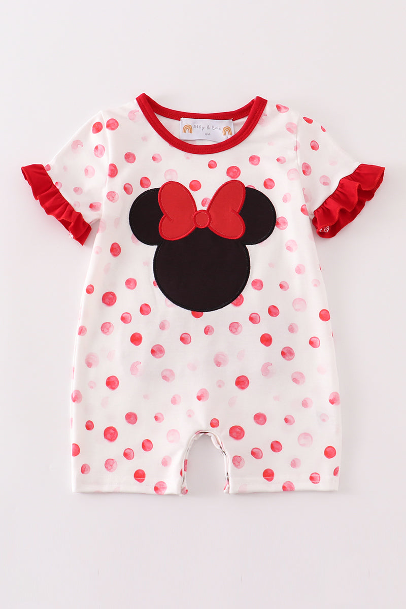 Red character applique dot girl romper