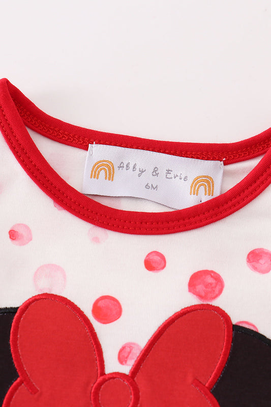 Red character applique dot girl romper