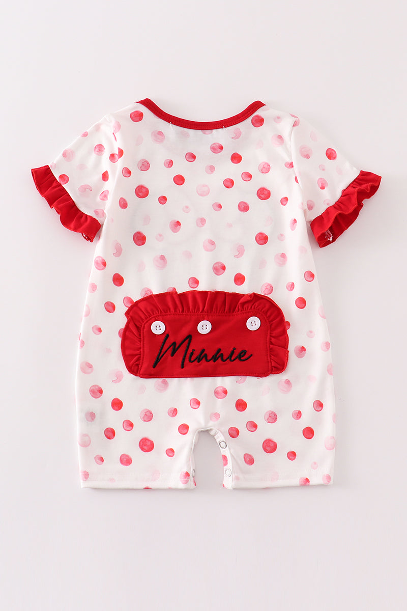 Red character applique dot girl romper