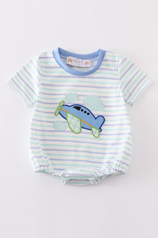 Blue plane applique stripe boy bubble