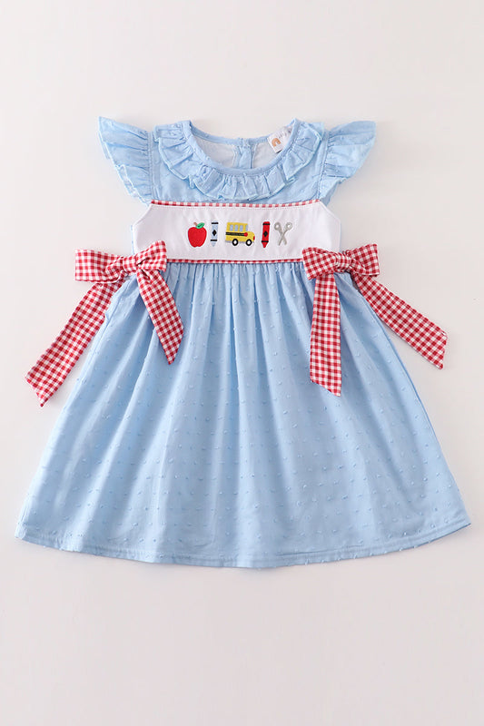 Blue apple embroidery swiss dot dress