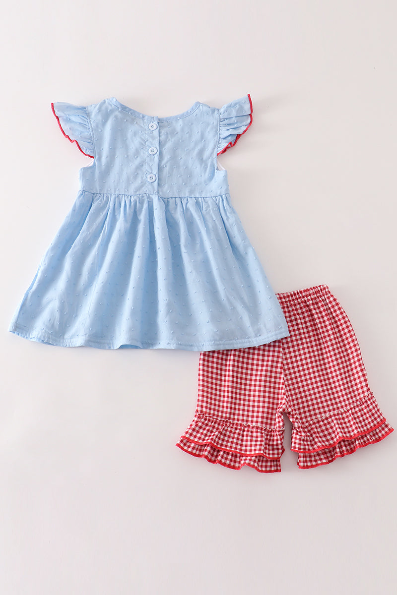 Blue apple embroidery swiss dot girl set