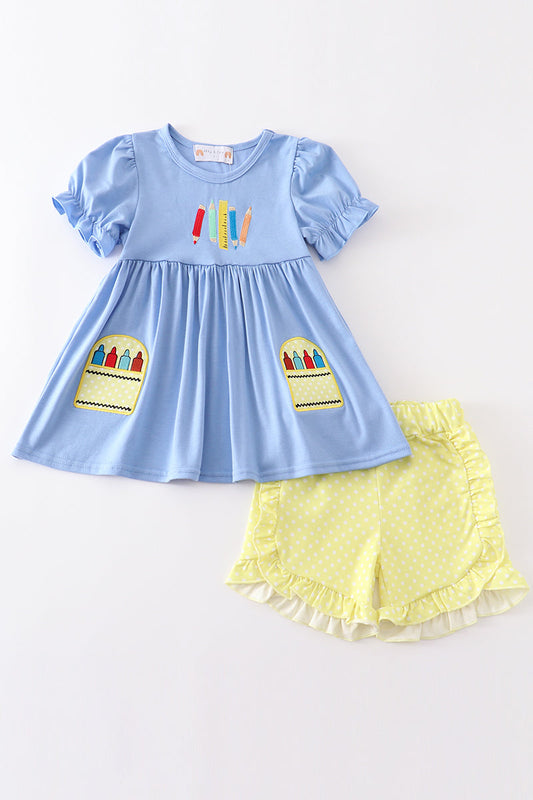 Blue crayon embroidery girl set