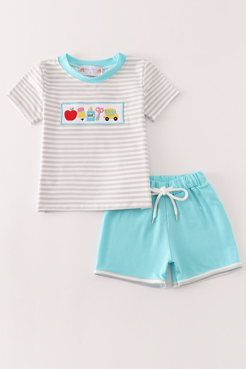 Blue apple embroidery boy set