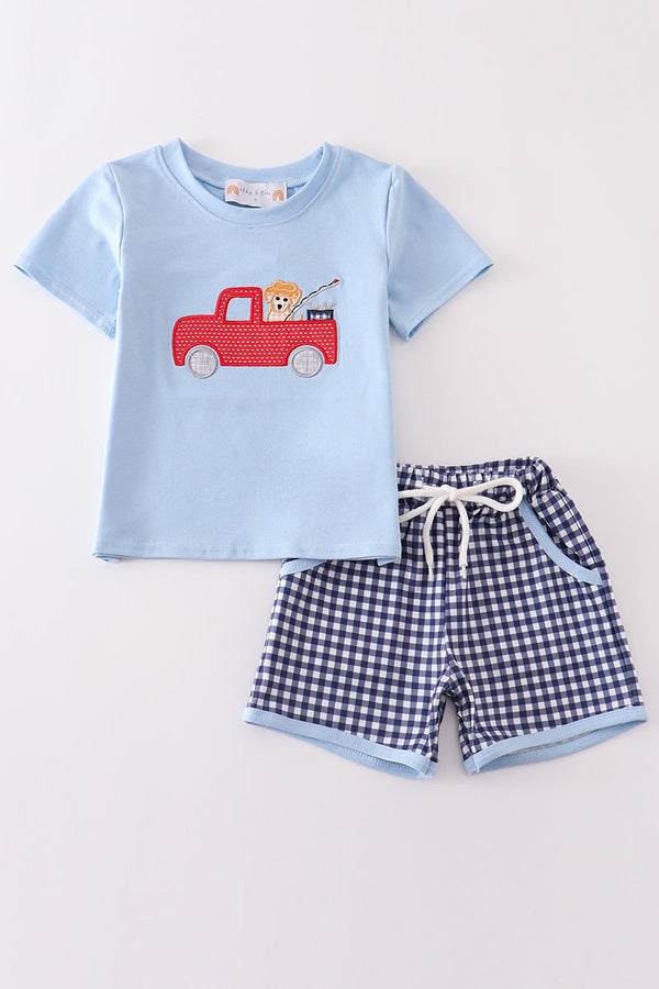 Blue fishing puppy applique boy set