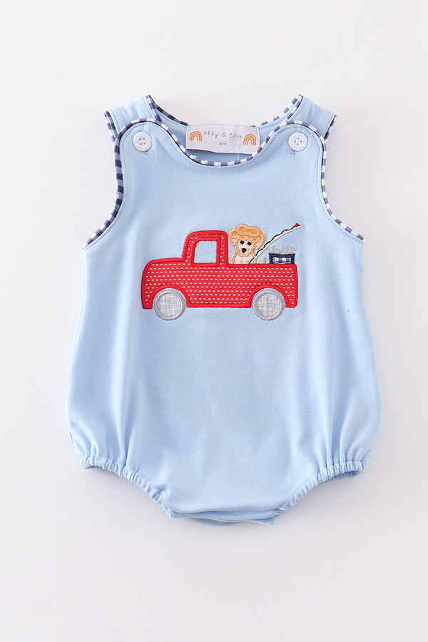 Blue fishing puppy applique boy bubble
