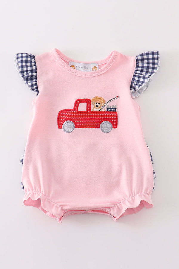 Pink fishing puppy applique girl bubble