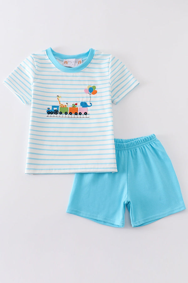 Blue farm embroidery boy set