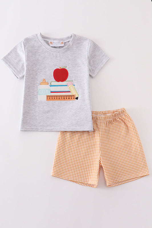 Yellow gingham apple applique boy set