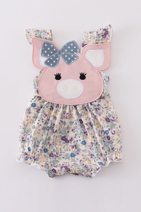 Pig floral print applique girl bubble