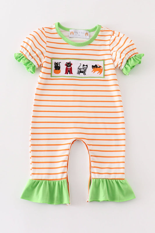 Green halloween cat embroidery girl romper