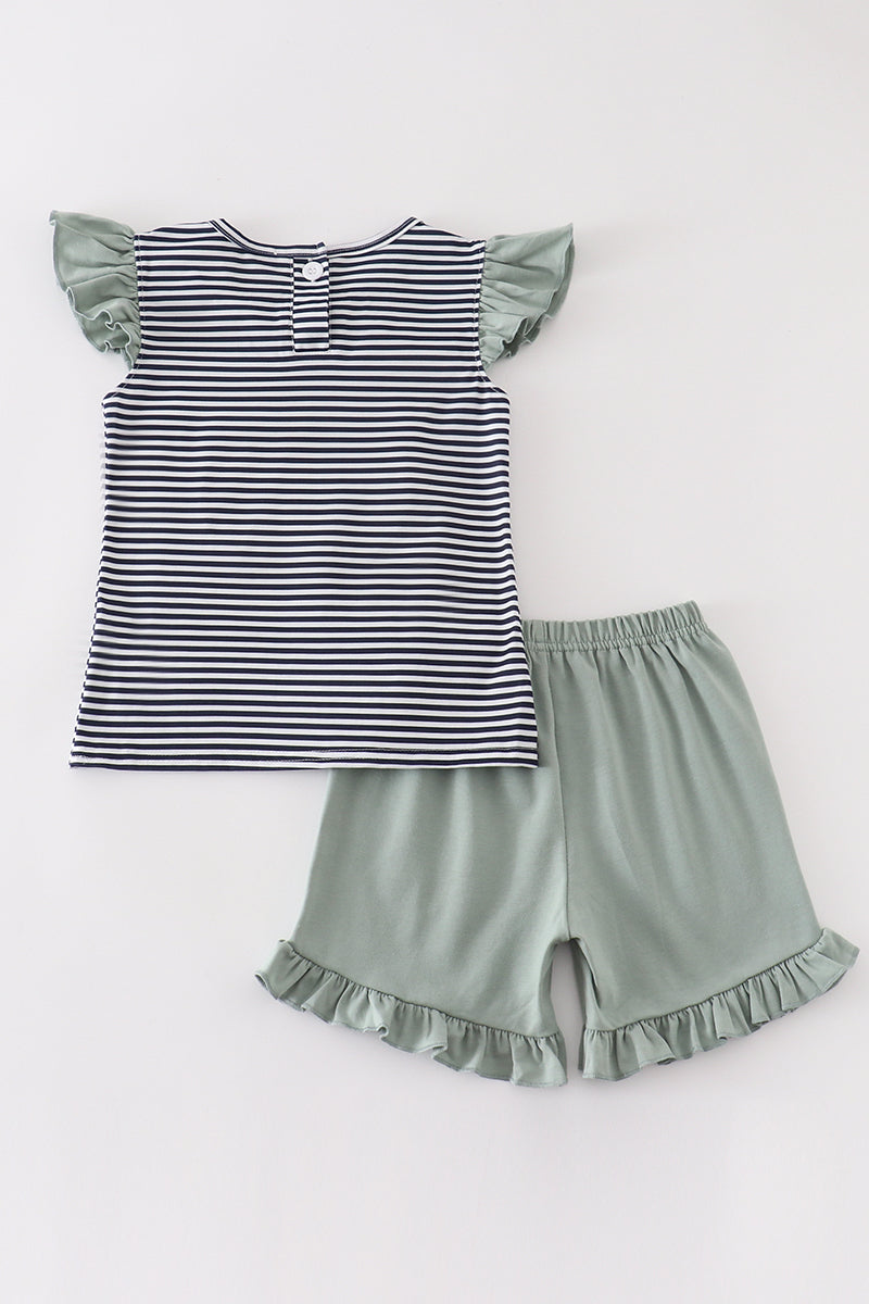 Sage pumpkin applique stripe girl shorts set