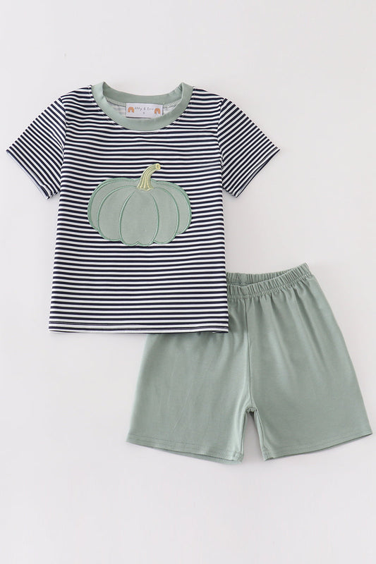 Sage pumpkin applique stripe boy shorts set