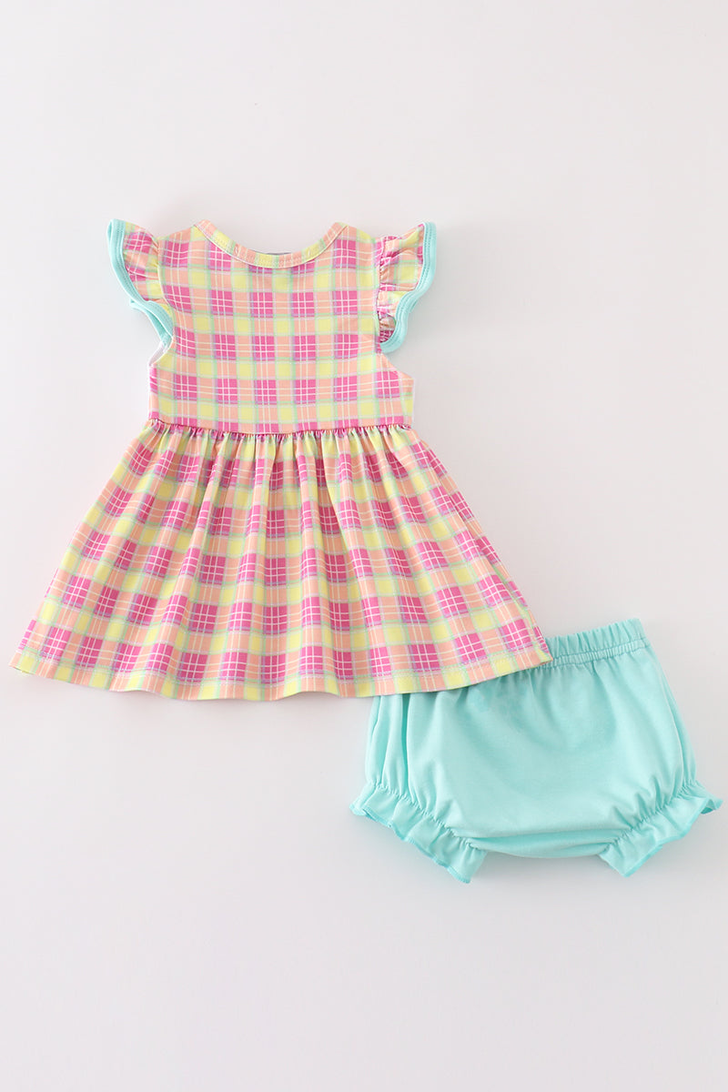 Pink character french knot plaid baby girl set