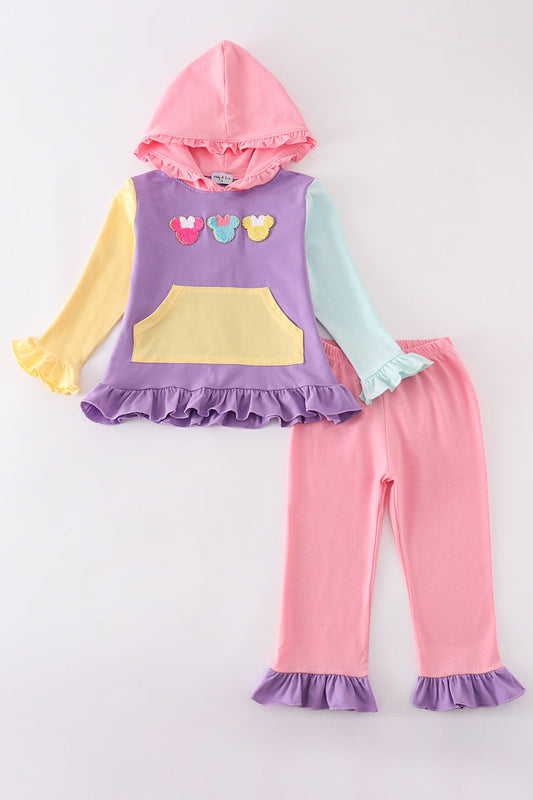 Color blocked character french knot girl hoodie set