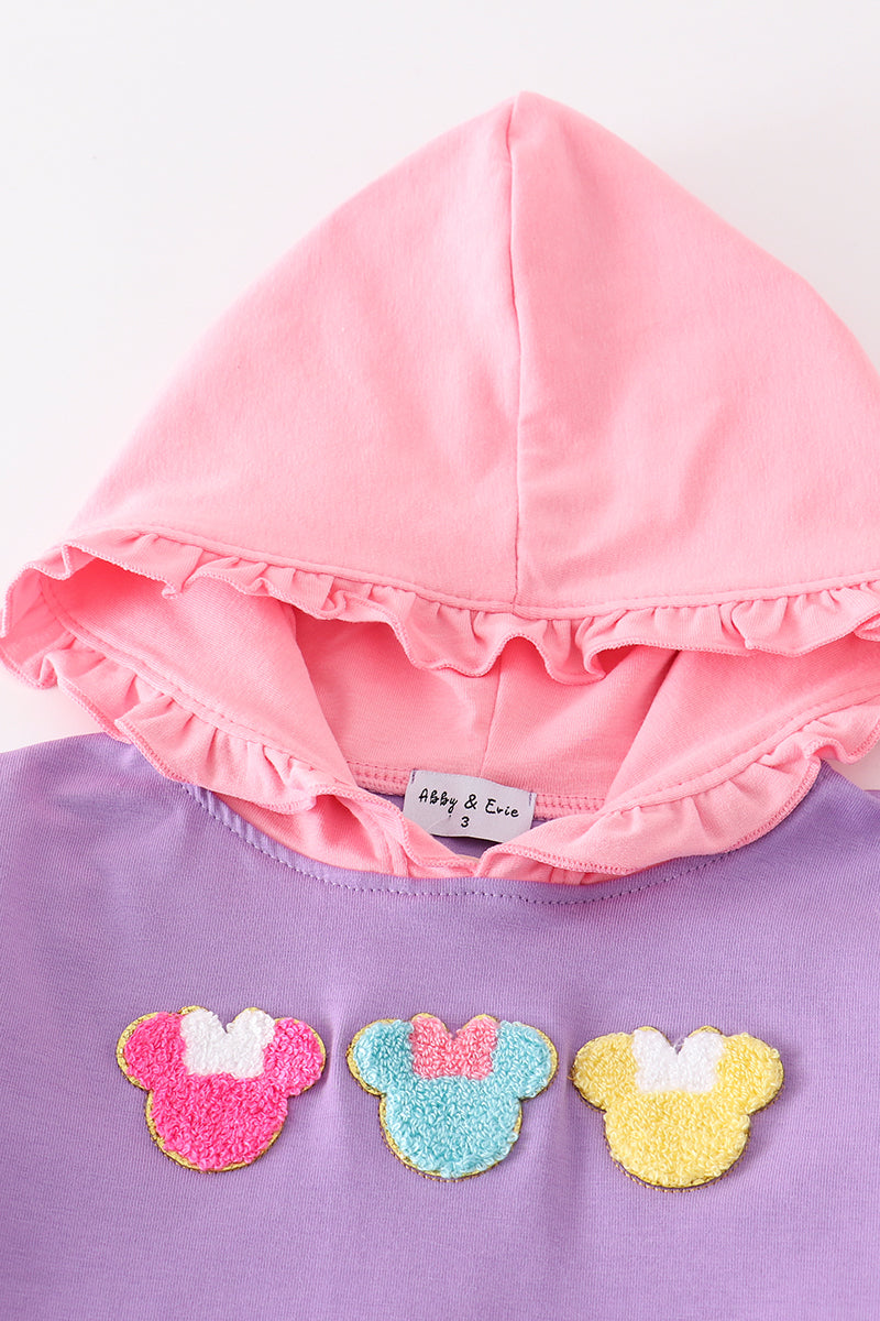 Color blocked character french knot girl hoodie set