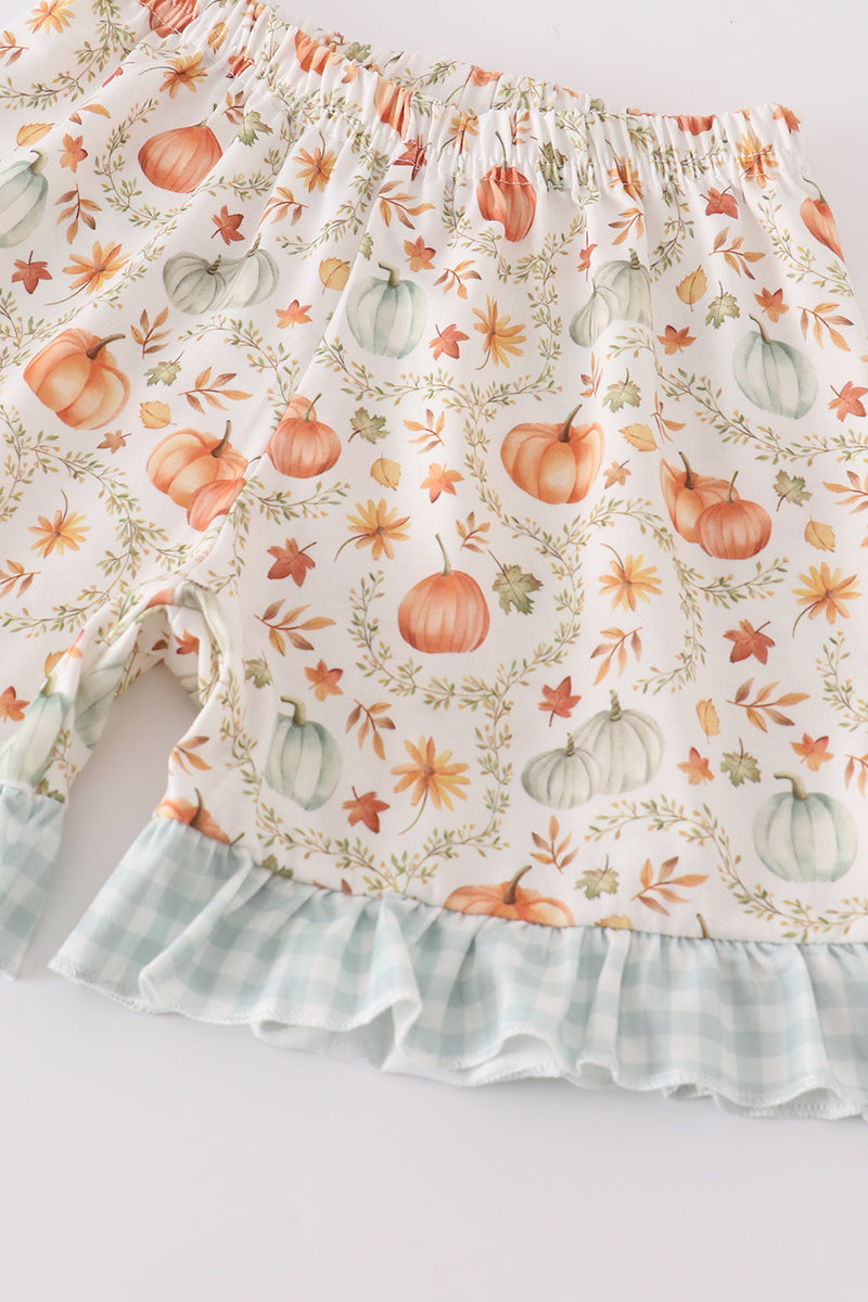 Green pumpkin print girl ruffle shorts set