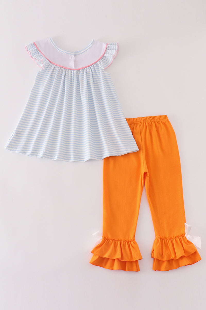 Blue stripe pumpkin french knot girl set