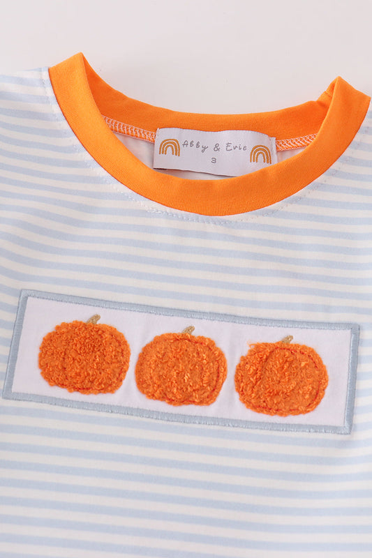 Blue stripe pumpkin french knot boy set