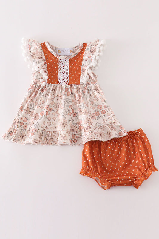 Brown floral ruffle baby girl set