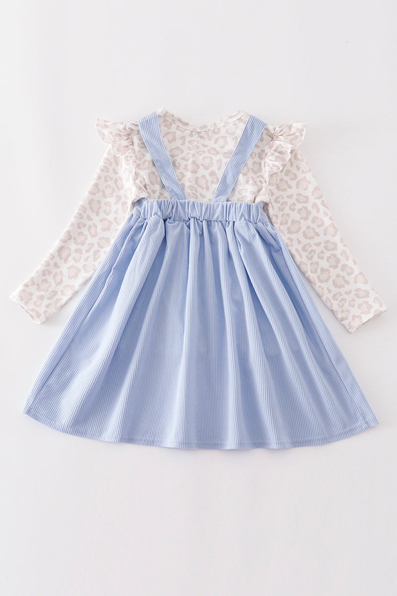 Blue corduroy leopard ruffle girl dress set