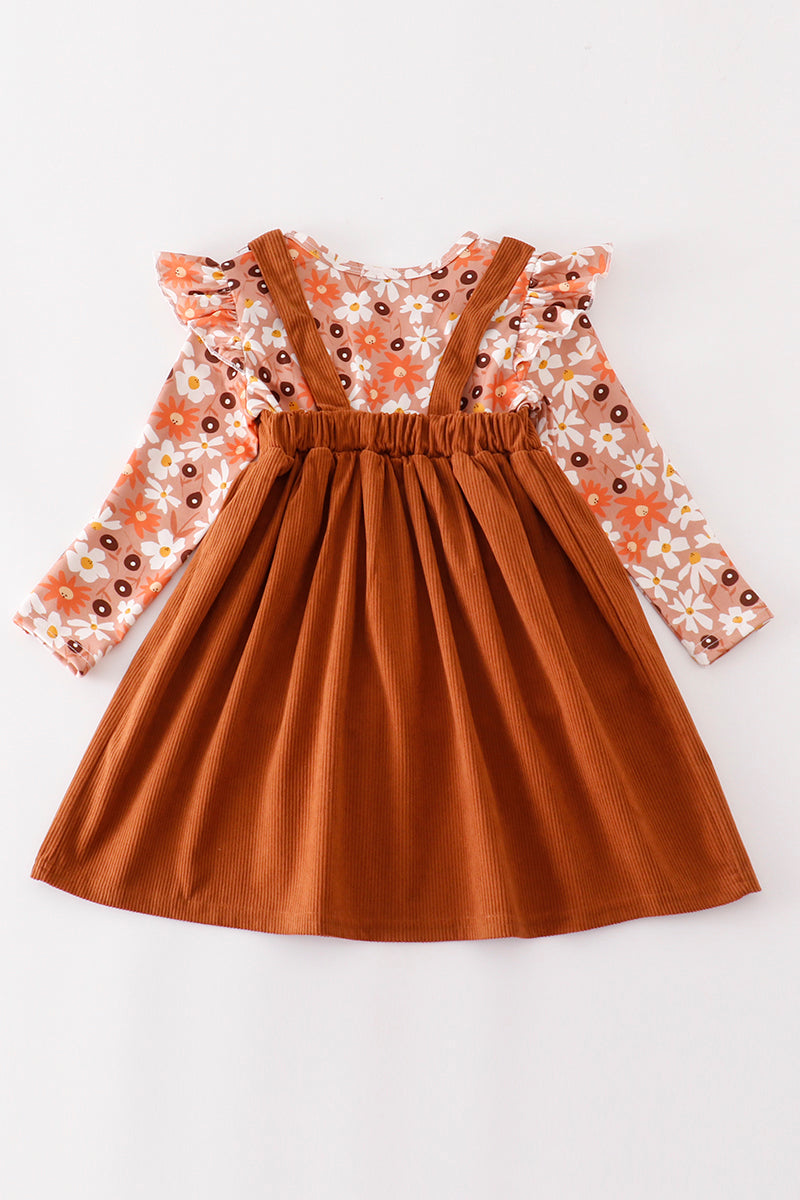 Brown corduroy floral print dress set