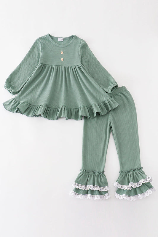 Green waffle girl ruffle set