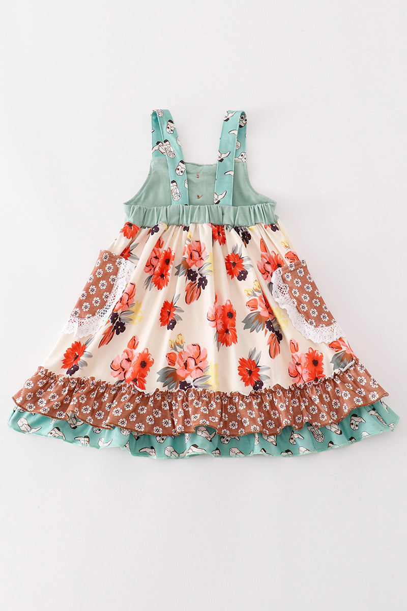 Green floral boots print ruffle dress