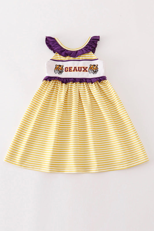 Purple gold stripe GEAUX embroidery girl dress