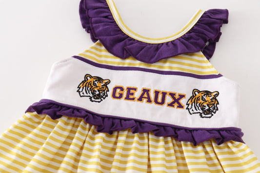 Purple gold stripe GEAUX embroidery girl dress