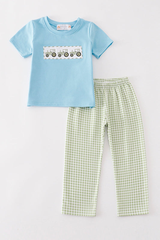 Green tractor embroidery gingham boy set