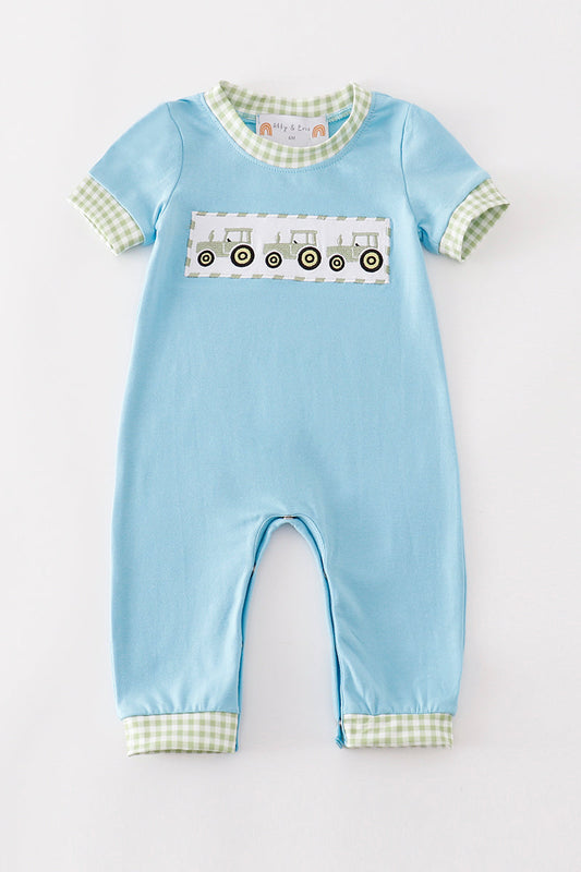 Blue tractor embroidery boy romper