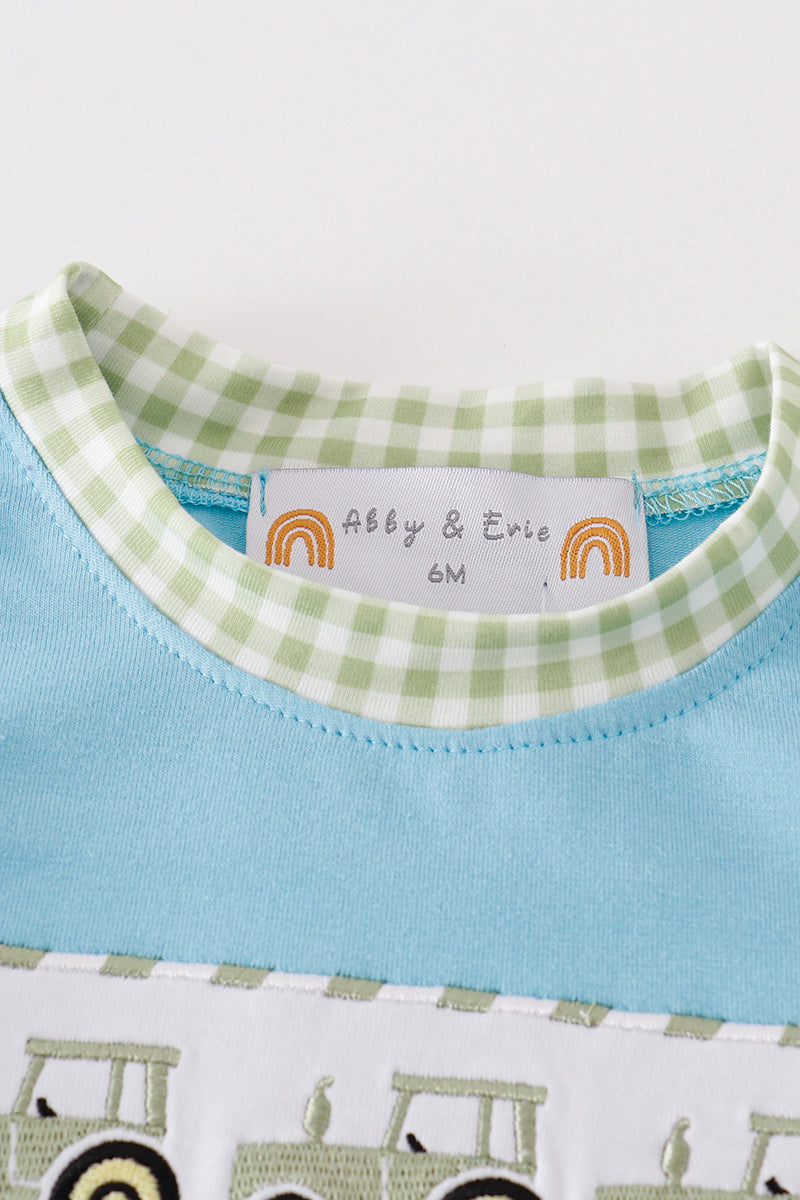 Blue tractor embroidery boy romper