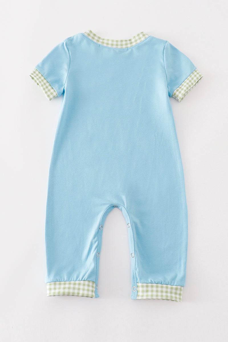 Blue tractor embroidery boy romper