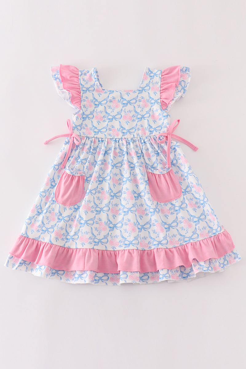 Pink bow print ruffle dress