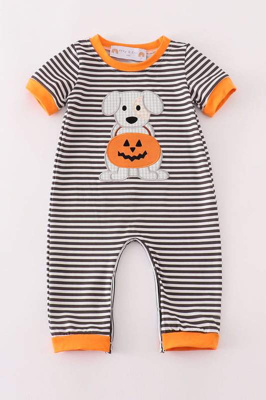 Halloween pumpkin puppy stripe applique boy romper