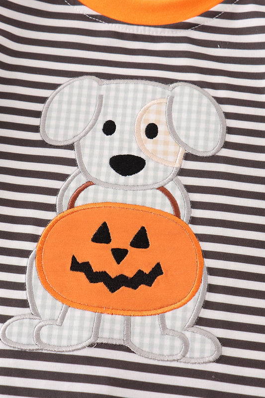 Halloween pumpkin puppy stripe applique boy romper