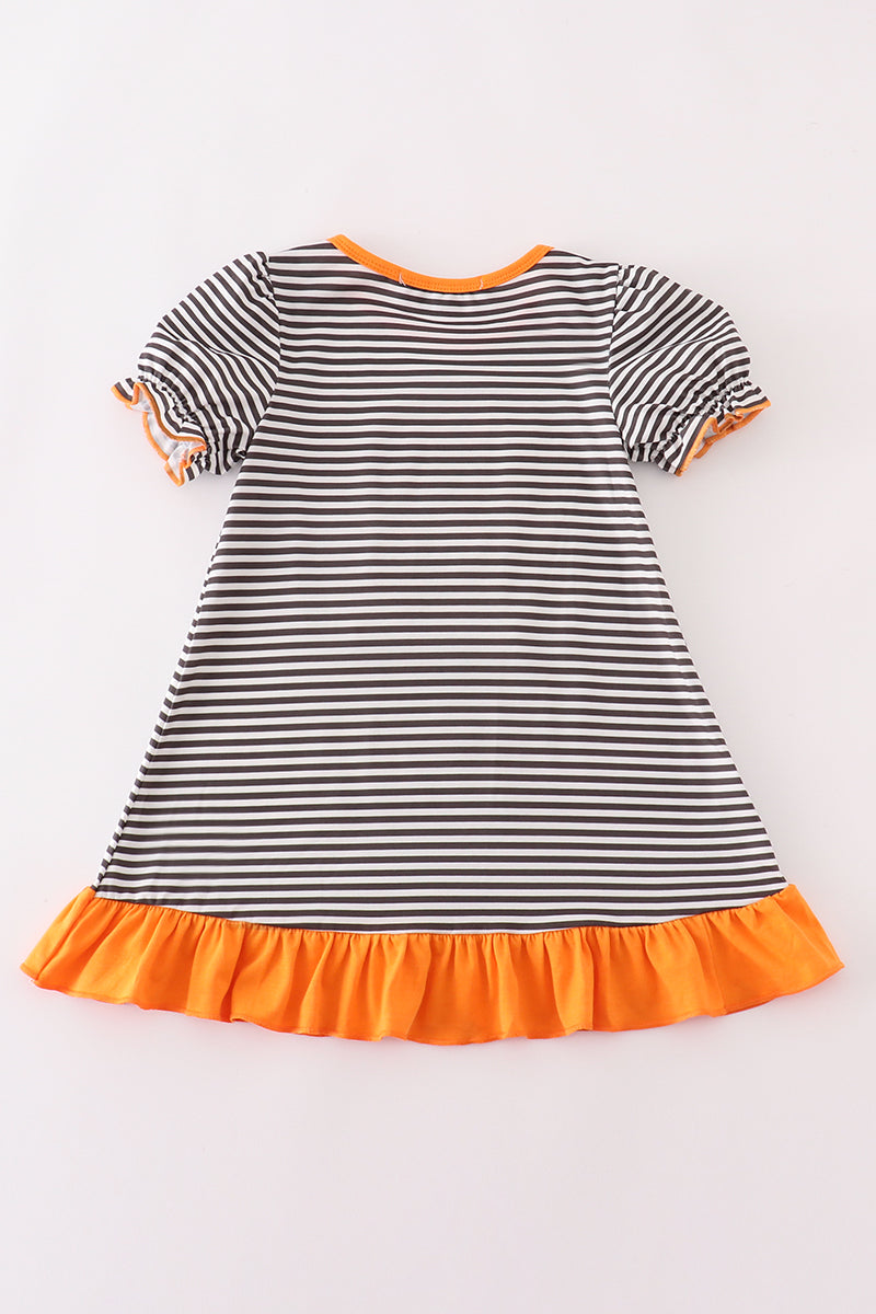 Halloween pumpkin puppy stripe applique dress