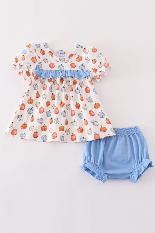 Blue pumpkin baby girl bloomers set