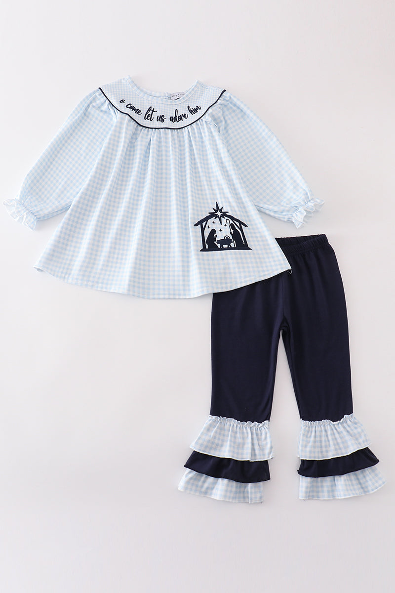 Navy nativity embroidery gingham girl set