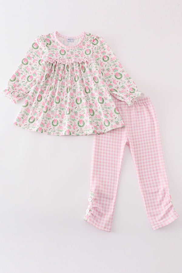 Pink watercolor christmas print girl set