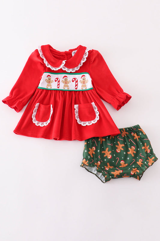 Red velvet christmas gingerbread embroidery girl bloomer set