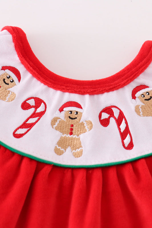 Red velvet christmas gingerbread embroidery girl romper